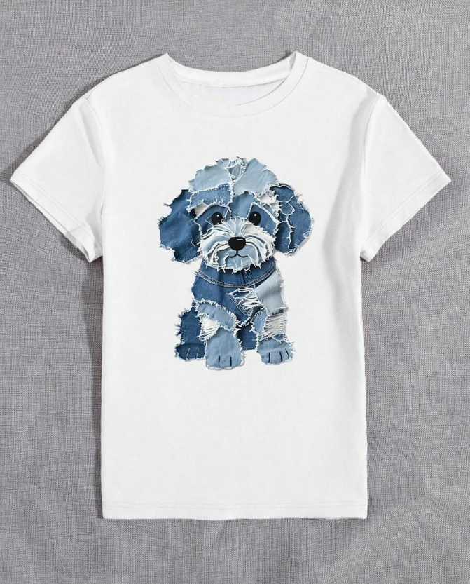 Vintage Patchwork Dog Graphic Print T-Shirt, Women's Crew Neck Short Sleeve Casual Everyday Minimalist Top, Suitable For Outdoor Wear